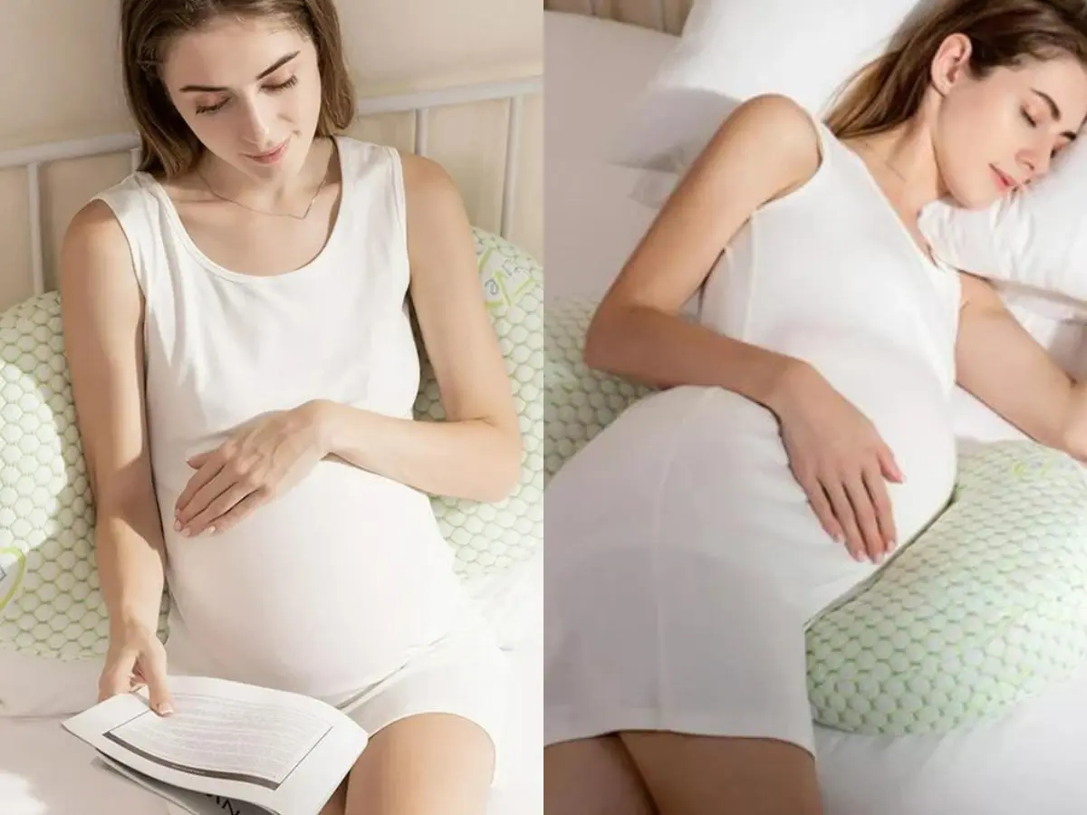 Oternal Adjustable Pregnancy Pillow: A woman uses the pillow for comfortable reading while sitting up, and for supported side sleeping while lying down.